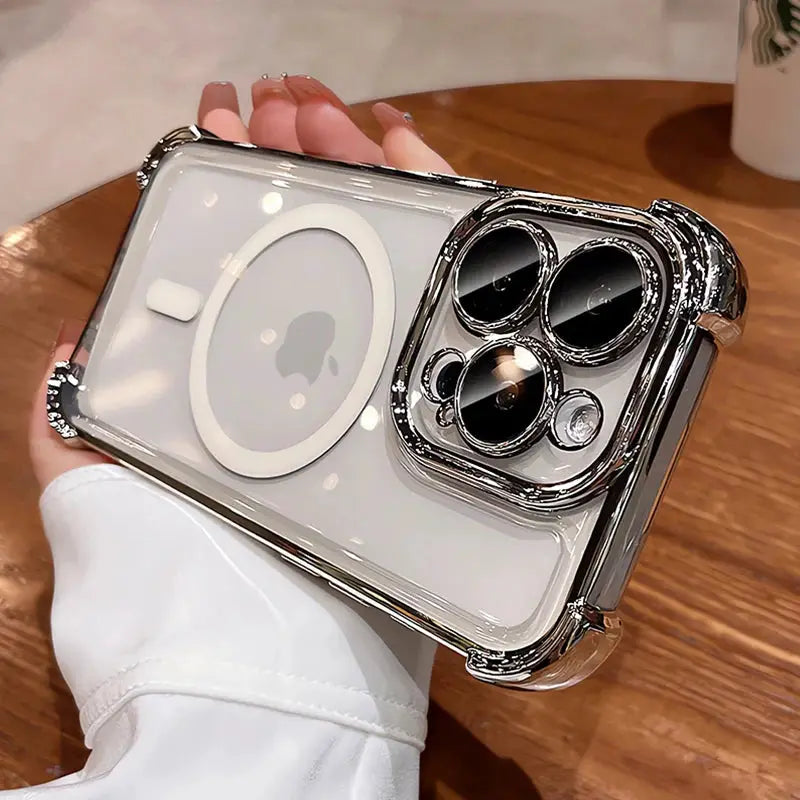 Plating shockproof airbag transparent case with chrome bumper and MagSafe ring for iPhone 12–17 Pro Max