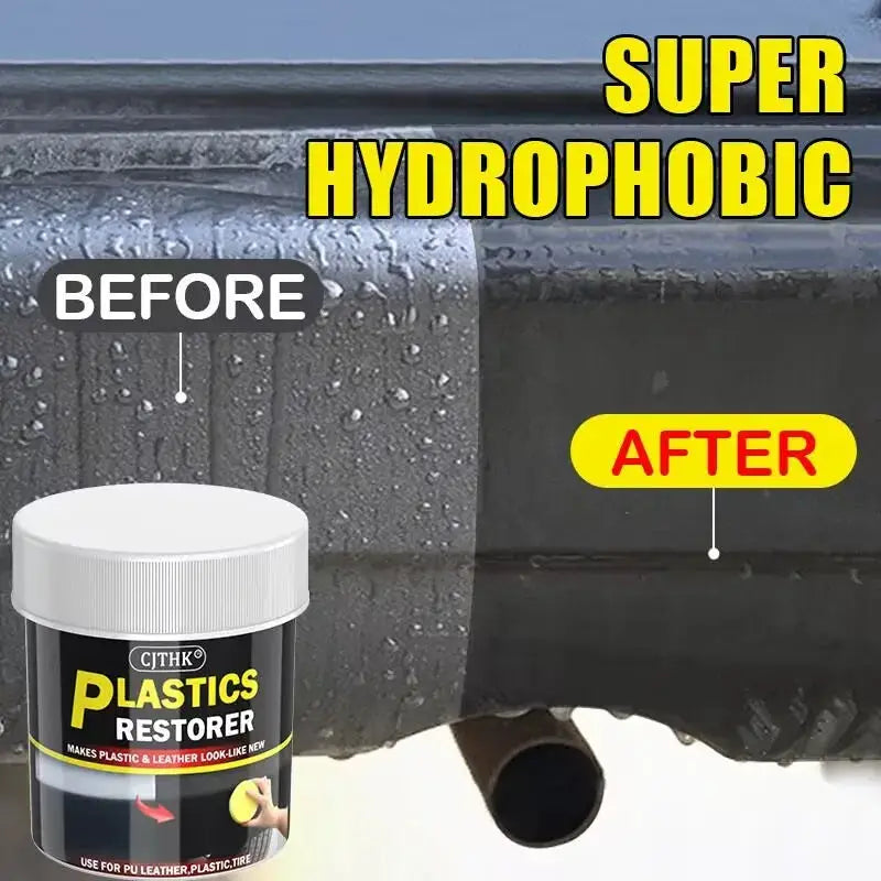 Car plastic restorer bottle by Simples Market; restores plastic and leather to black gloss (before/after).