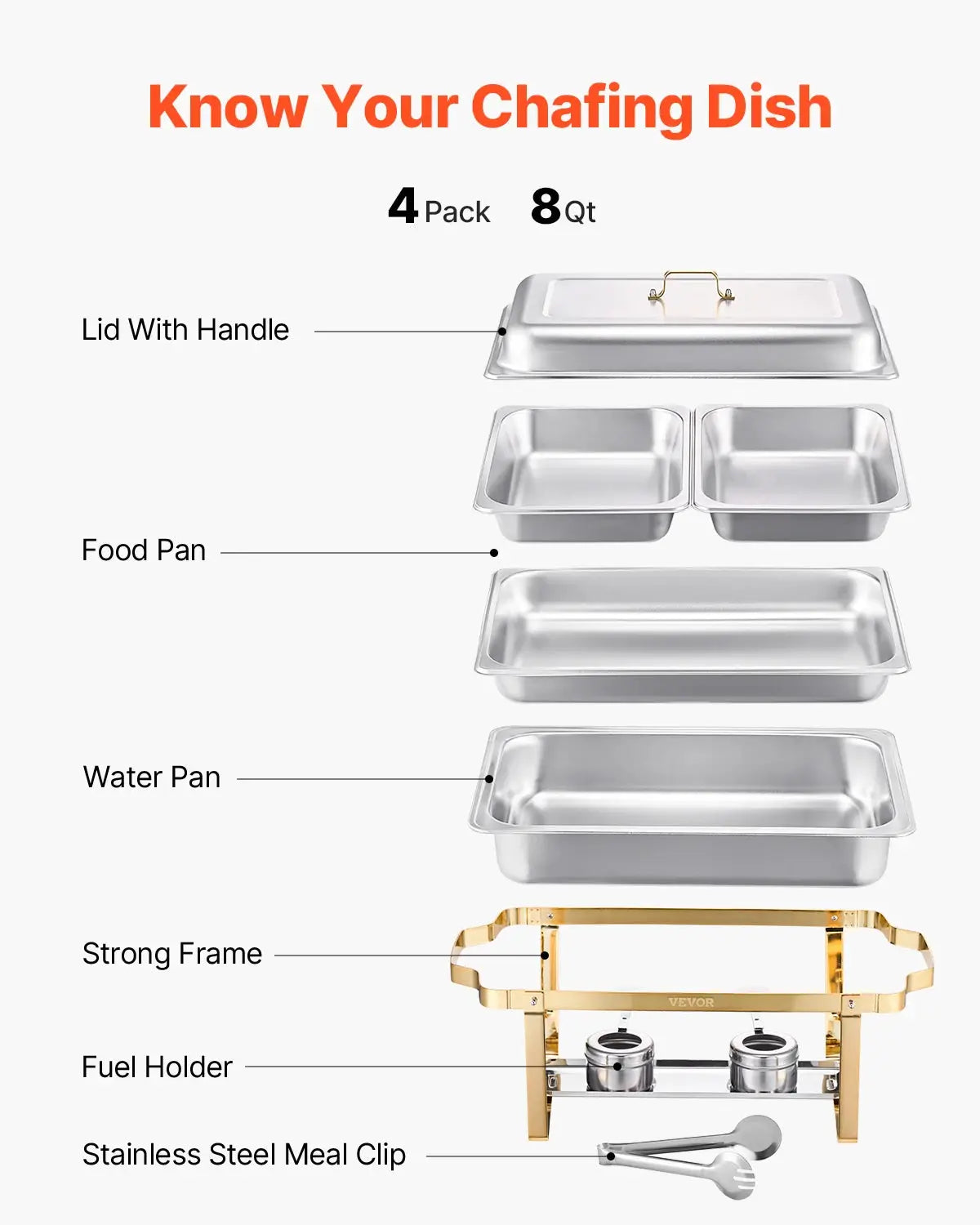 SucceBuy 8 Qt Chafing Dish Chafer Stainless Steel 2 Full 4 Half Pans