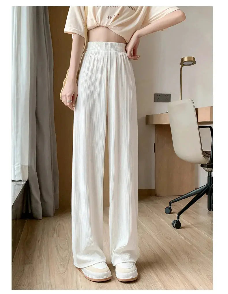 Simples Market white ice-filament wide-leg pants with elastic waist, casual long women's trousers