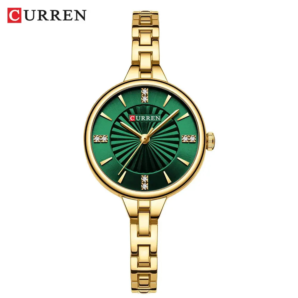 CURREN women's quartz watch with gold-tone stainless steel band and emerald-green dial with crystal markers.