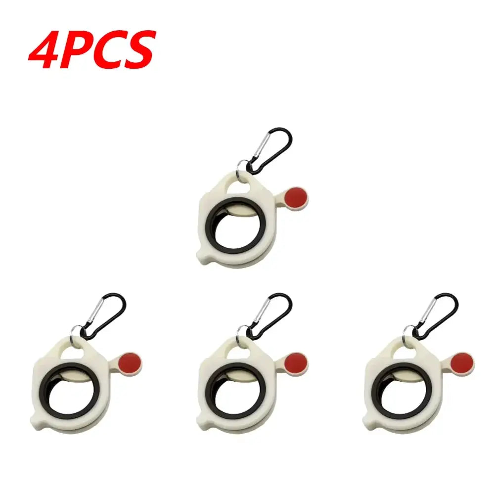 Cable tie organizer 4pcs set: white circular holders with black inner ring, red button, and carabiner clip
