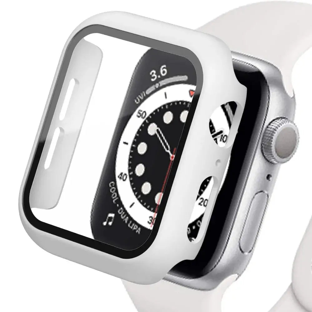 Apple Watch tempered glass screen protector with white bumper case for 40–45mm models