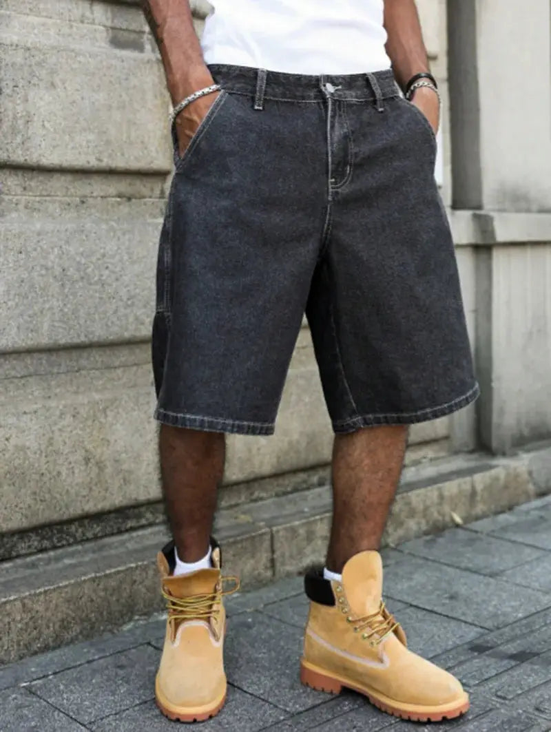Men's Simples Market denim shorts, black-grey loose baggy fit.