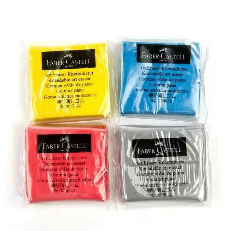 Kneadable art erasers by Faber-Castell, set of 4 in yellow blue pink gray with clear packaging for art and design
