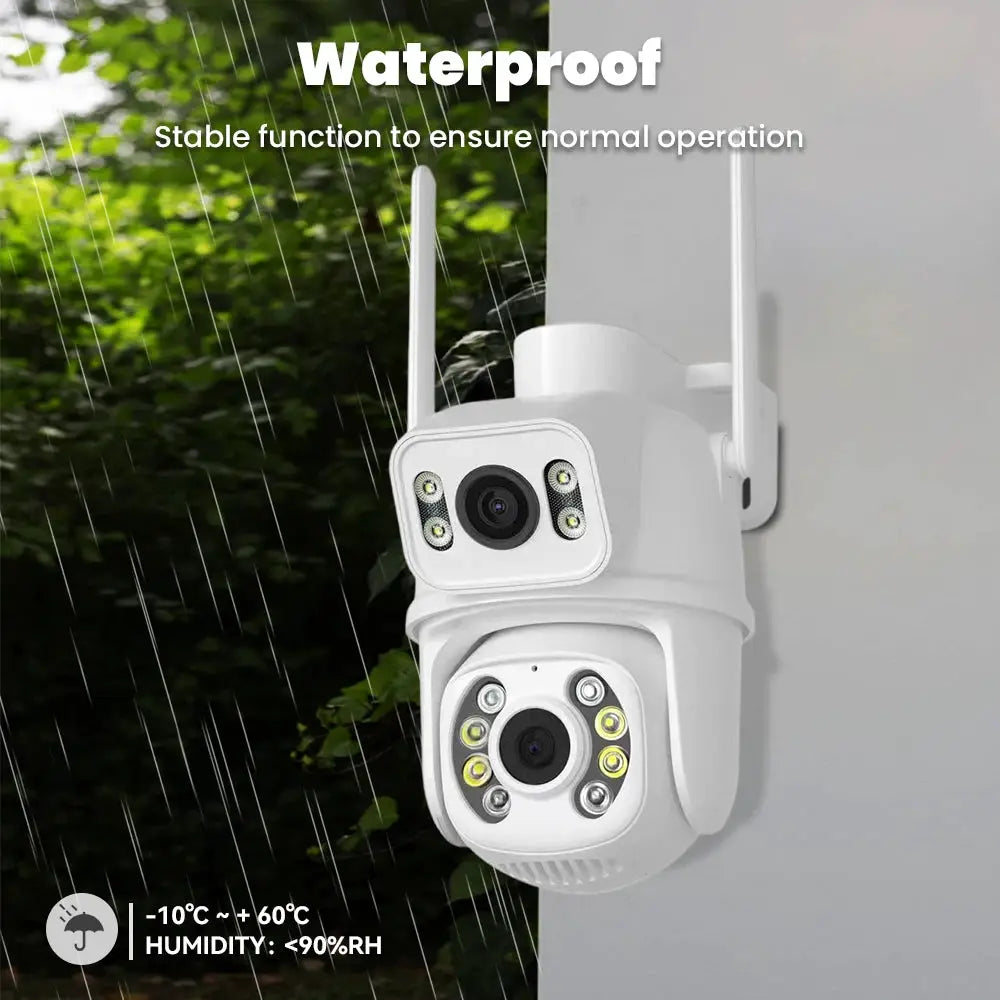 Two white outdoor security cameras with dual lenses and PTZ for waterproof wireless IP surveillance