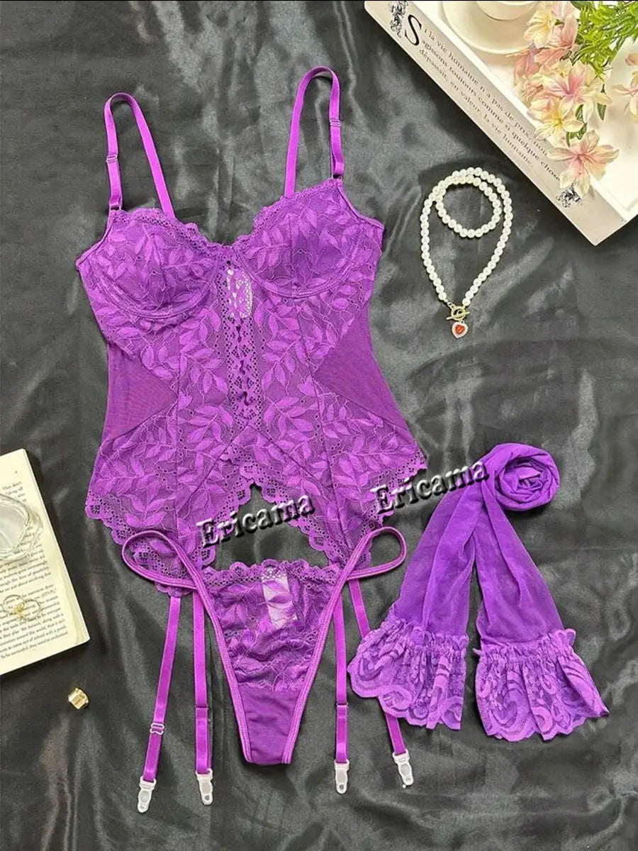 LaceLux 3 Piece Transparent Lace Lingerie Set With Garter Bra And Panty Breathable Polyester Elastane