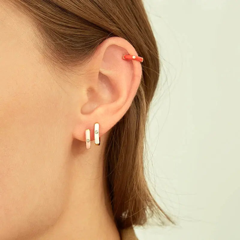 Geometric 925 sterling silver stud earrings with pink and white bars and zircon accents