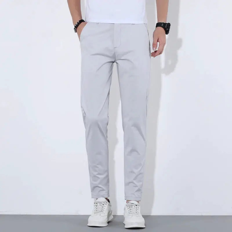 HIQOR men's casual long pants in light gray, lightweight cotton-style trousers for summer streetwear