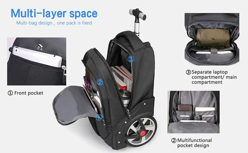 20-inch rolling luggage backpack by Simples Market with wheels, large capacity, multi-compartment design