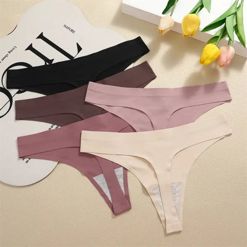Thong underwear set, 4Pcs ultra-thin seamless low-waist ice silk by Simples Market - black, brown, mauve, beige