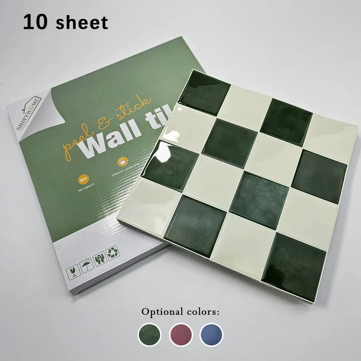 Self-adhesive wall tile sheet by Simples Market; 3D mosaic green and cream square tiles, 10 sheets
