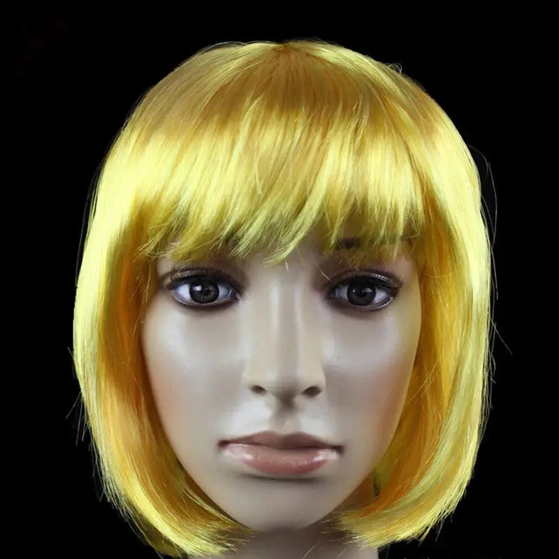 Bob wig short yellow bob with bangs; synthetic cosplay wig.