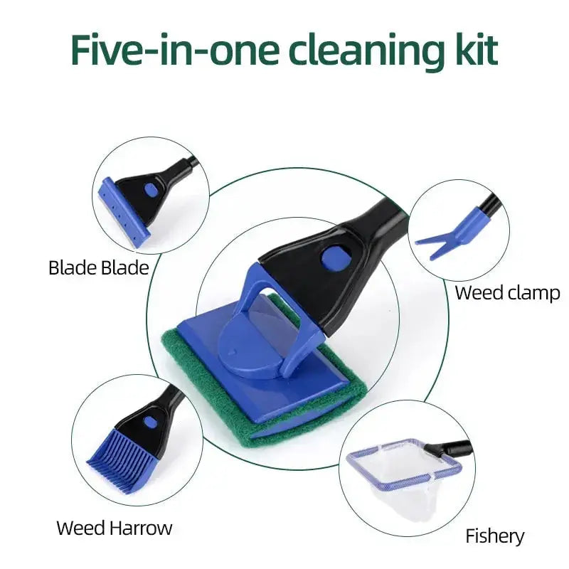 EW Five In One Fish Tank Glass Cleaning Brush Algae Scraper Long Handle Aquarium Tool