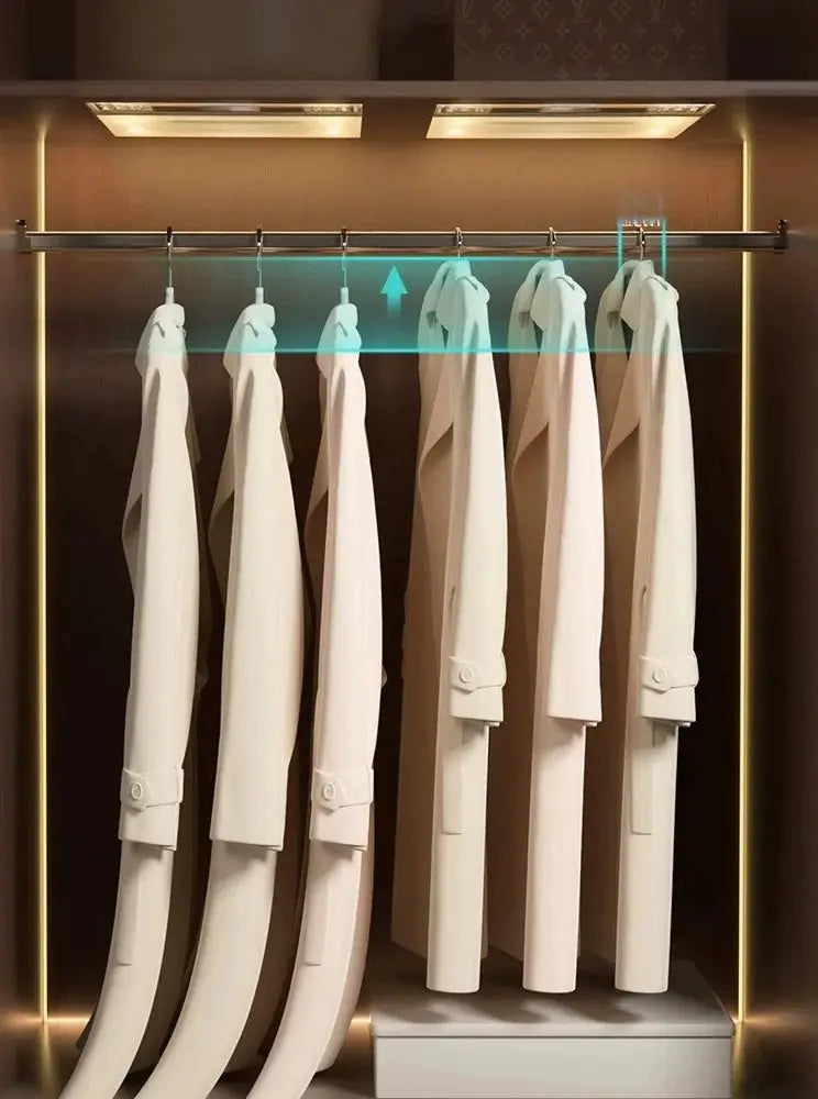 Short-neck non-slip white clothes hangers, six on a slim closet rail for space-saving storage.