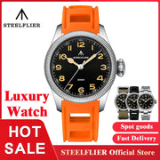 STEELFLIER SF741 wristwatch with orange silicone strap and black luminous dial; 4 watches shown.