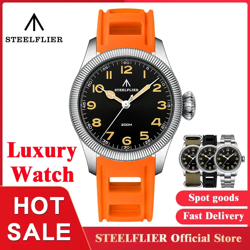 STEELFLIER SF741 wristwatch with orange silicone strap and black luminous dial; 4 watches shown.