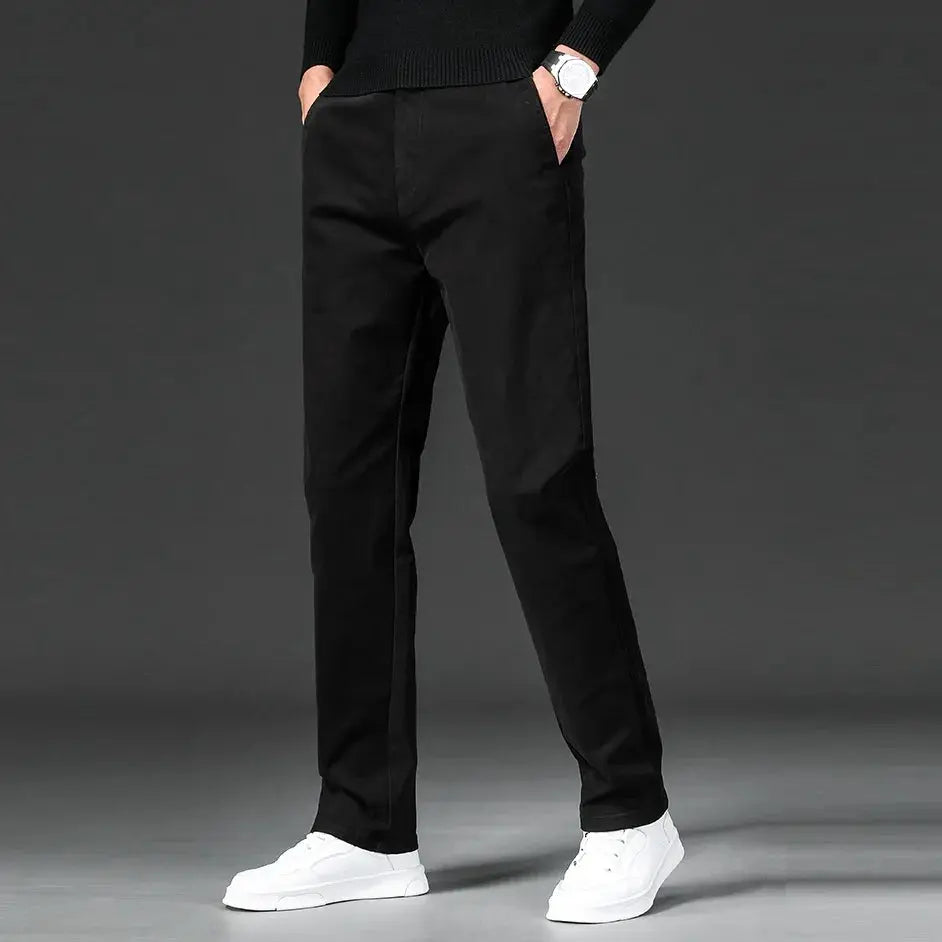 Men's Simples Market black cotton-stretch straight-fit chinos for casual or formal wear.