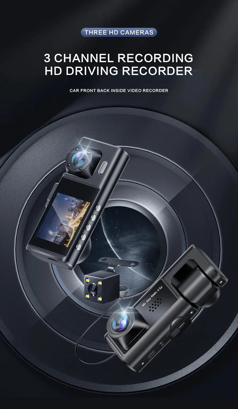Simples Market 3-channel dash cam with front, inside and rear cameras, IR night vision, loop recording, wide-angle DVR