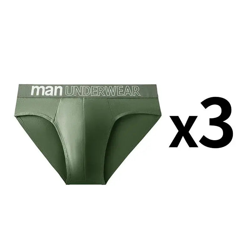 Men's green briefs 3-pack with elastic waistband reading man underwear
