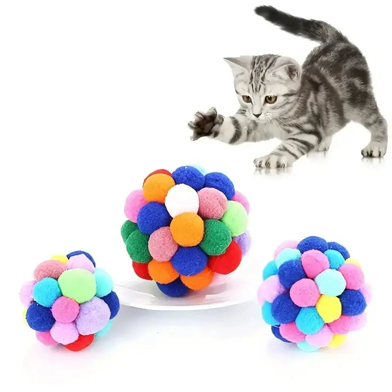 Cat plush ball toy set with multicolor woolen pom-poms (3 pcs) for cats