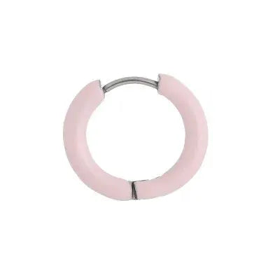 Pink enamel single hoop earring with silver hinge closure