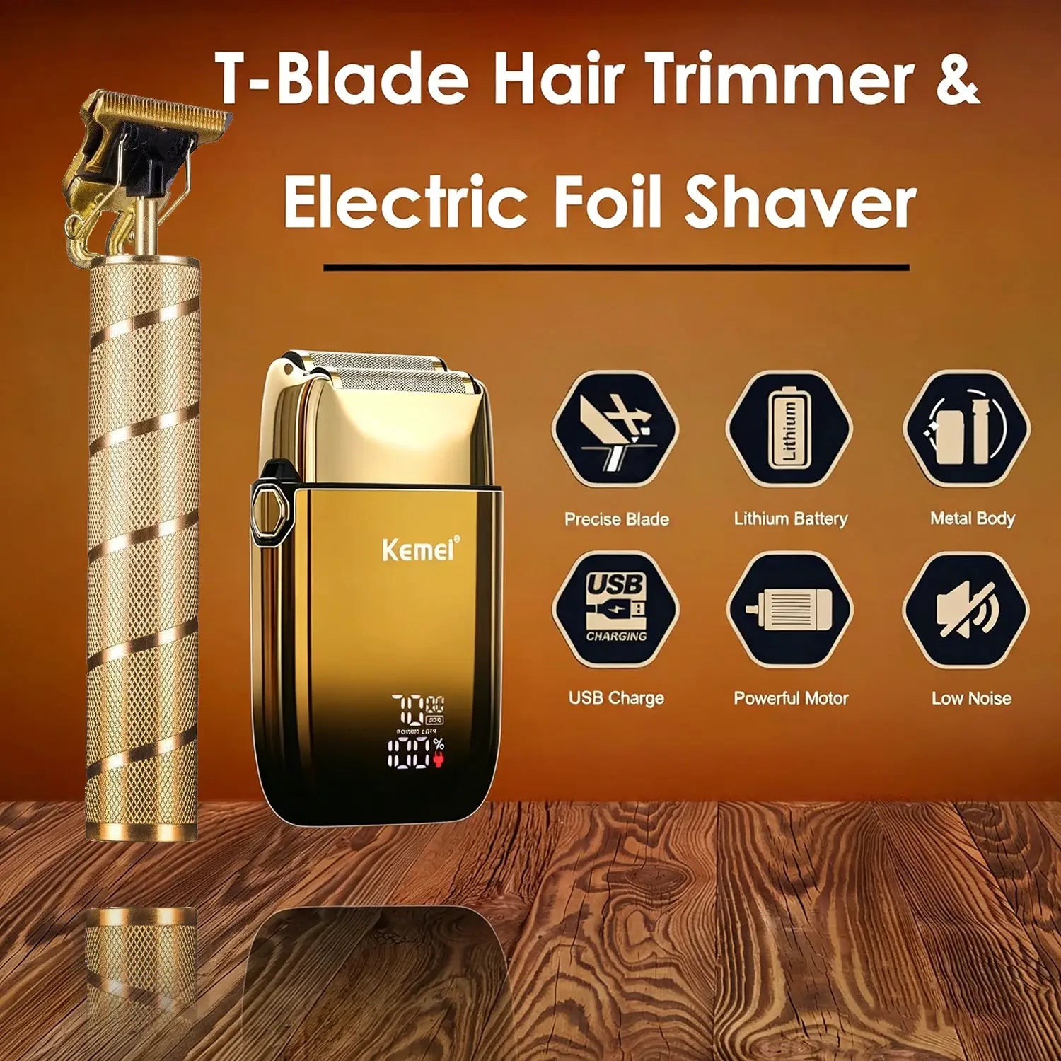 Kemei TX10 gold electric shaver with metal body and USB charging