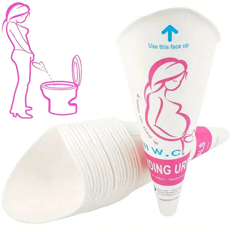 Disposable paper urination device for women; white pregnancy-friendly standing urinal with pink label by Simples Market