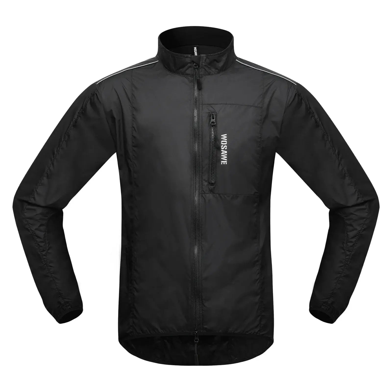 WOSAWE men's windproof cycling jacket, black with reflective shoulder piping, full-zip with chest pocket