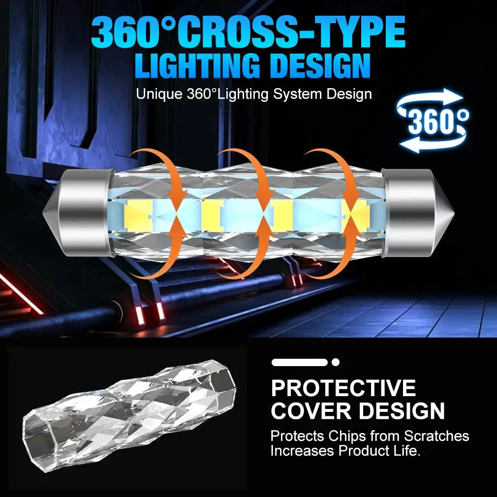 LED Dome Light Bulb 31/36/39/41mm canbus; crystal clear, 360° illumination for car interior, two bulbs shown