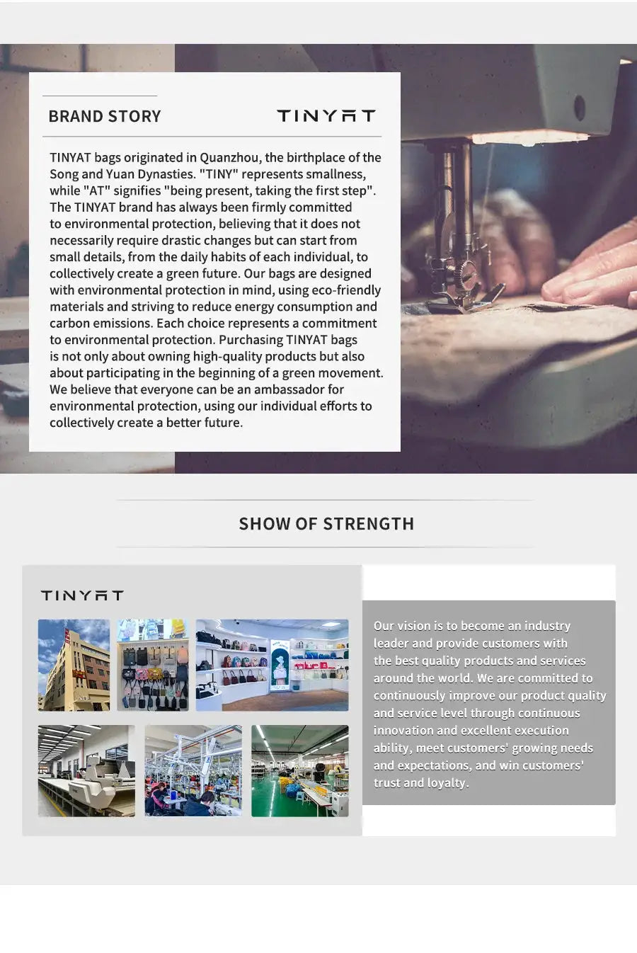 TINYAT waist bag by Simples Market; brand story panel with logo over factory collage images
