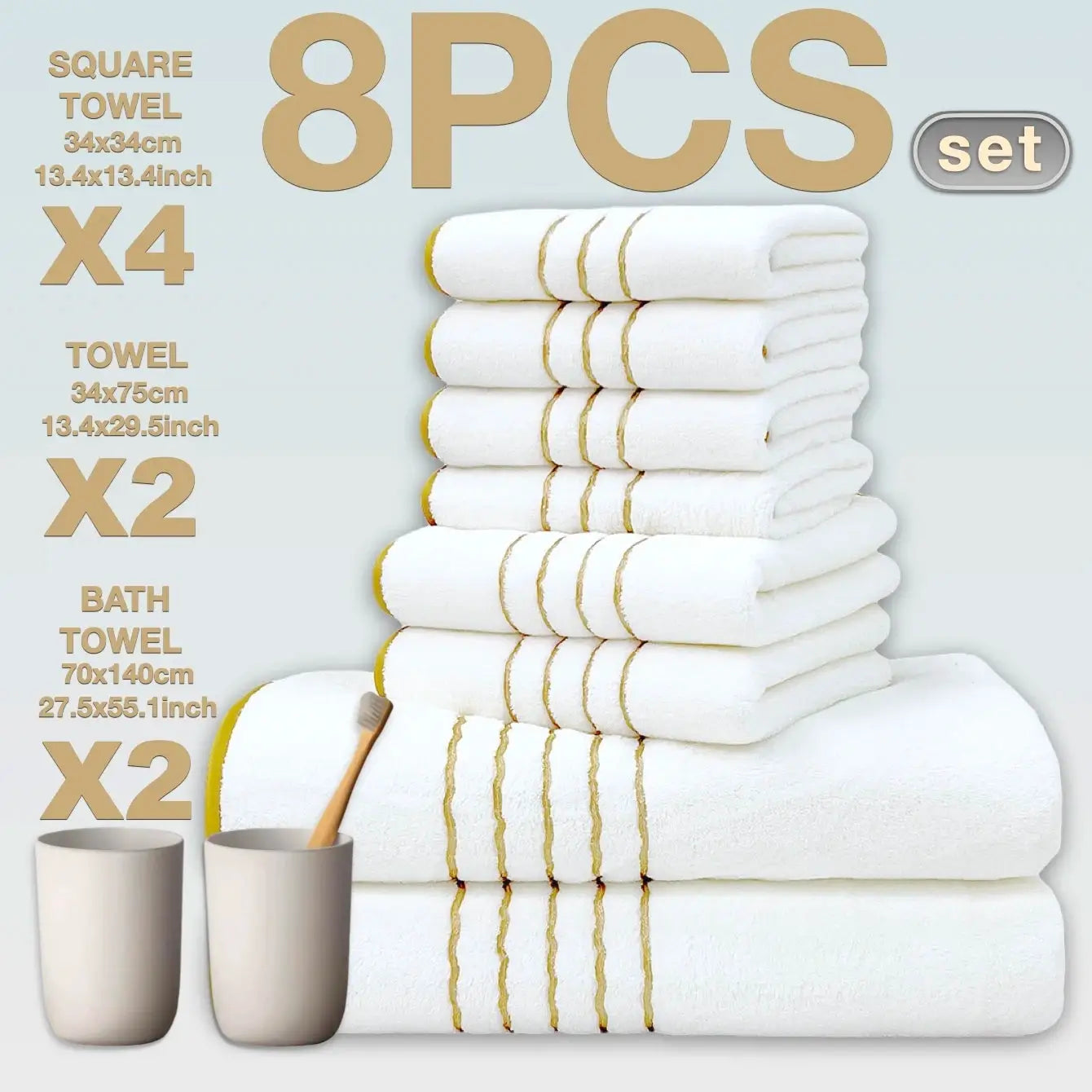 8-piece luxury white cotton towel set with gold trim for bathroom