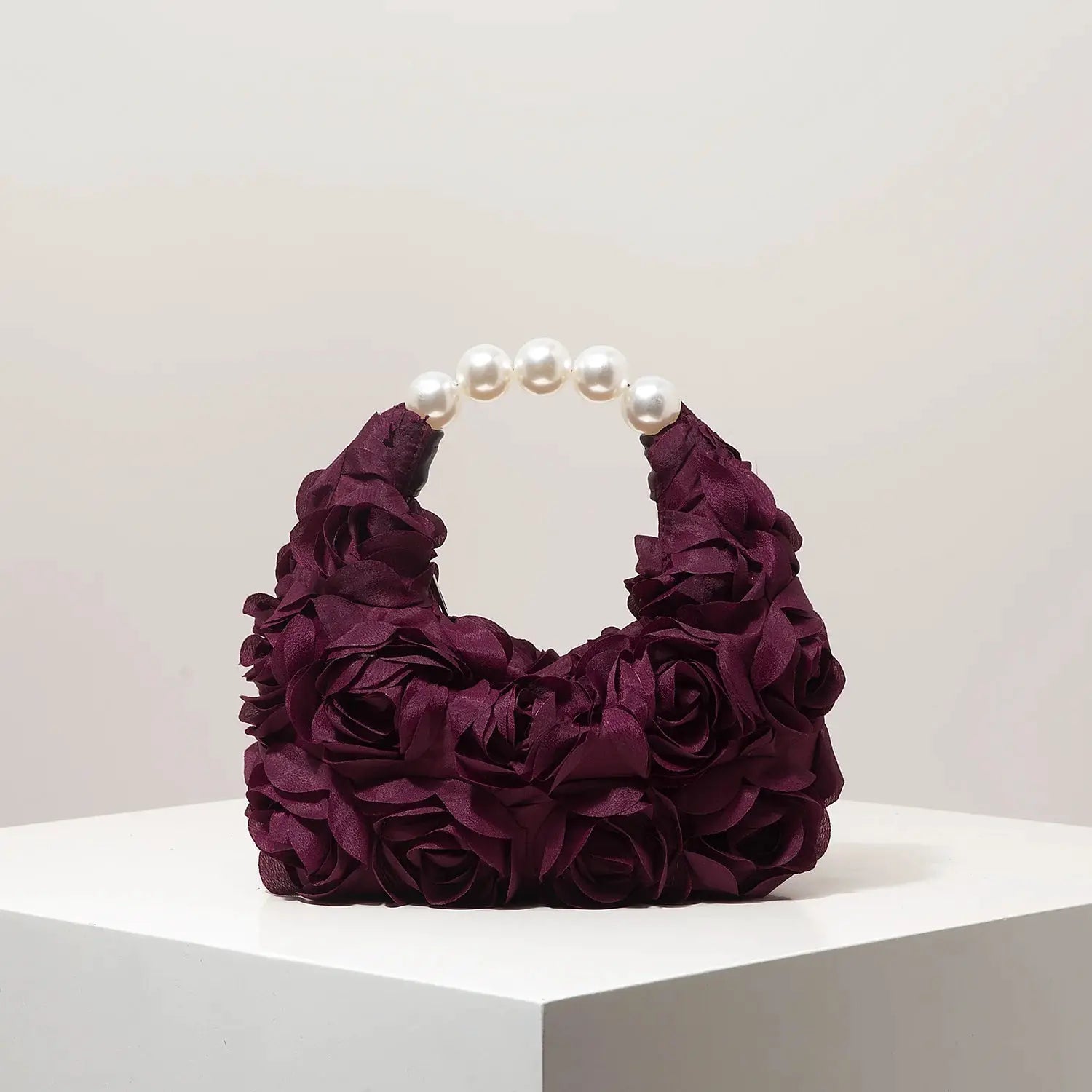 Purple floral handbag with pearl-bead handle, elegant gala clutch by Simples Market