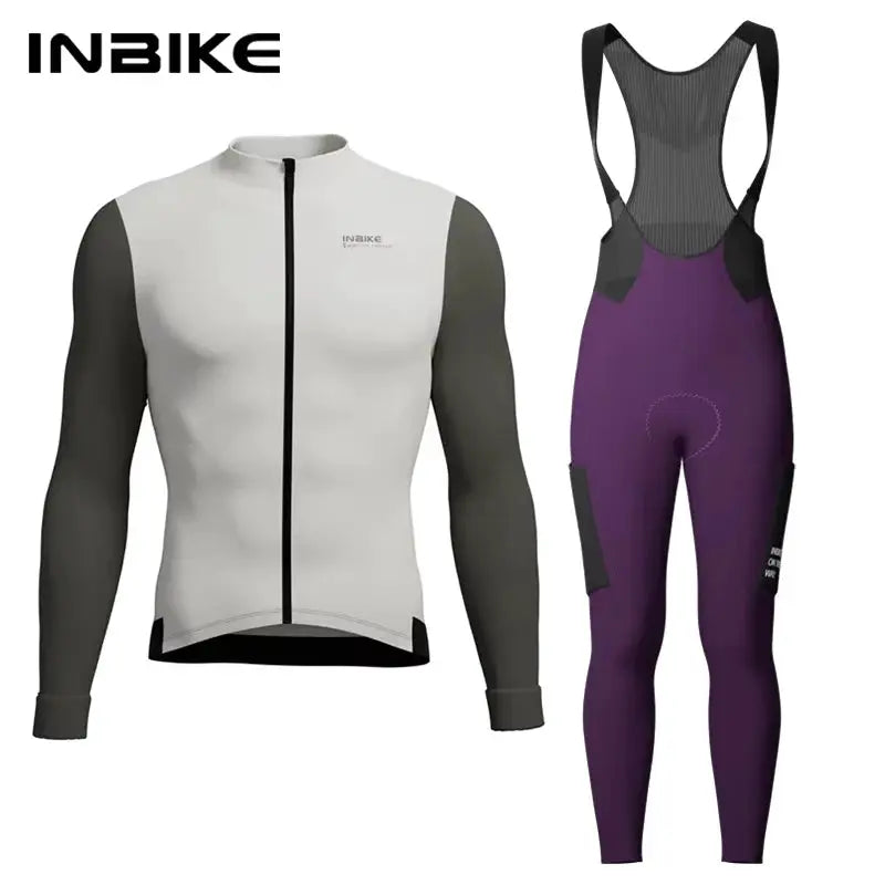 INBIKE men's winter cycling two-piece set: fleece long-sleeve jersey with pockets and purple bib pants