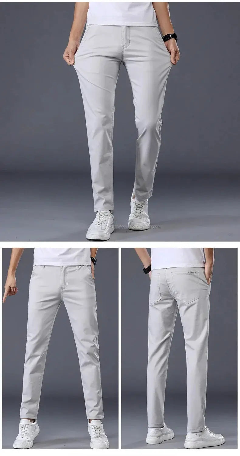 Simples Market men's summer thin cotton casual pants, light gray, elastic waist, straight slim fit long trousers