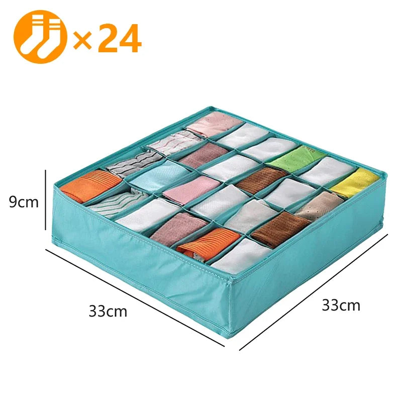 Turquoise 24-compartment underwear and sock organizer box for wardrobe, 33×33×9 cm