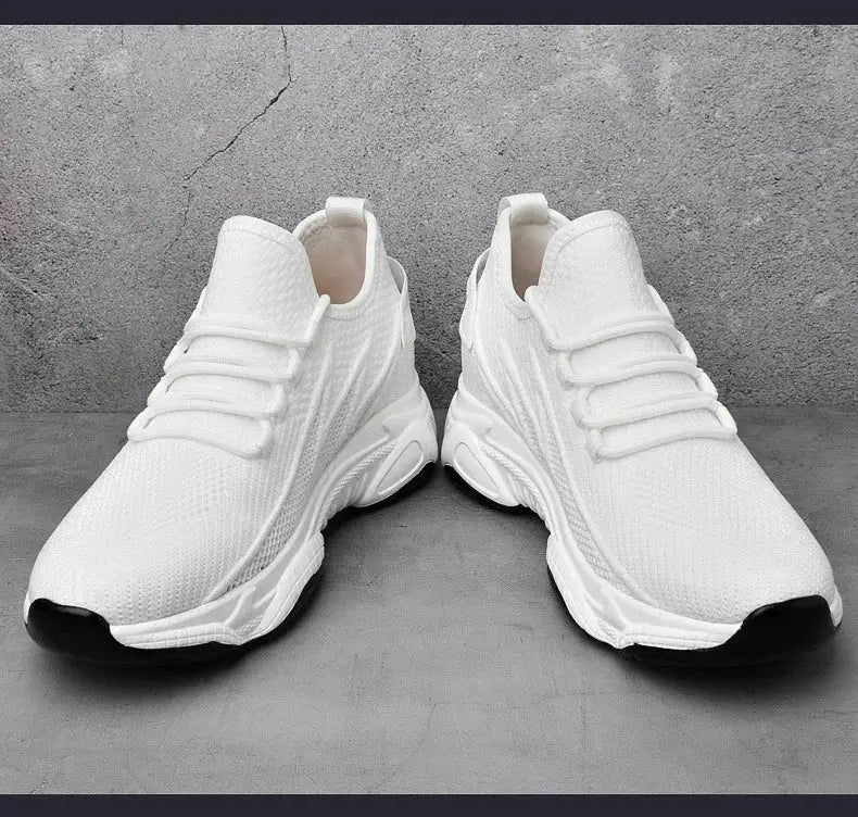 Height-increase sneakers for men, white pair with breathable mesh upper and chunky elevated sole.