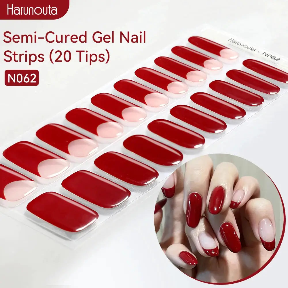 Harunouta gradient gel nail strips N062, 20 tips in red-to-pink gradient for UV/LED lamps