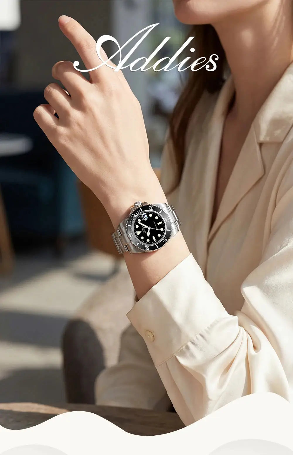 Addies women's watch with stainless steel bracelet, black dial, ceramic bezel, luminous markers, 50m water resistance