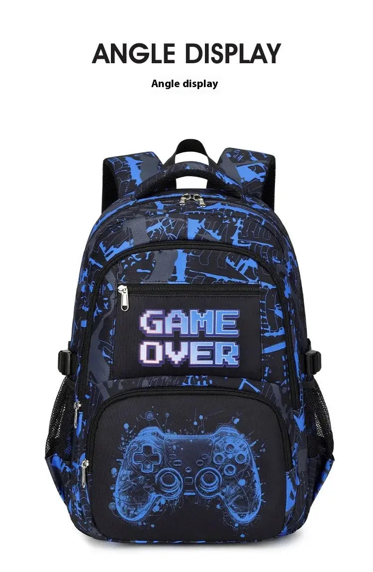 Backpack for boys in blue and black with GAME OVER front panel and game controller graphic