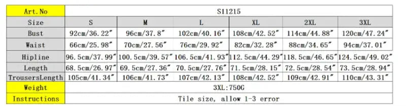 Simples Market vintage two-piece suit size chart (S11215) showing bust, waist, hip, length and trouser length by size.