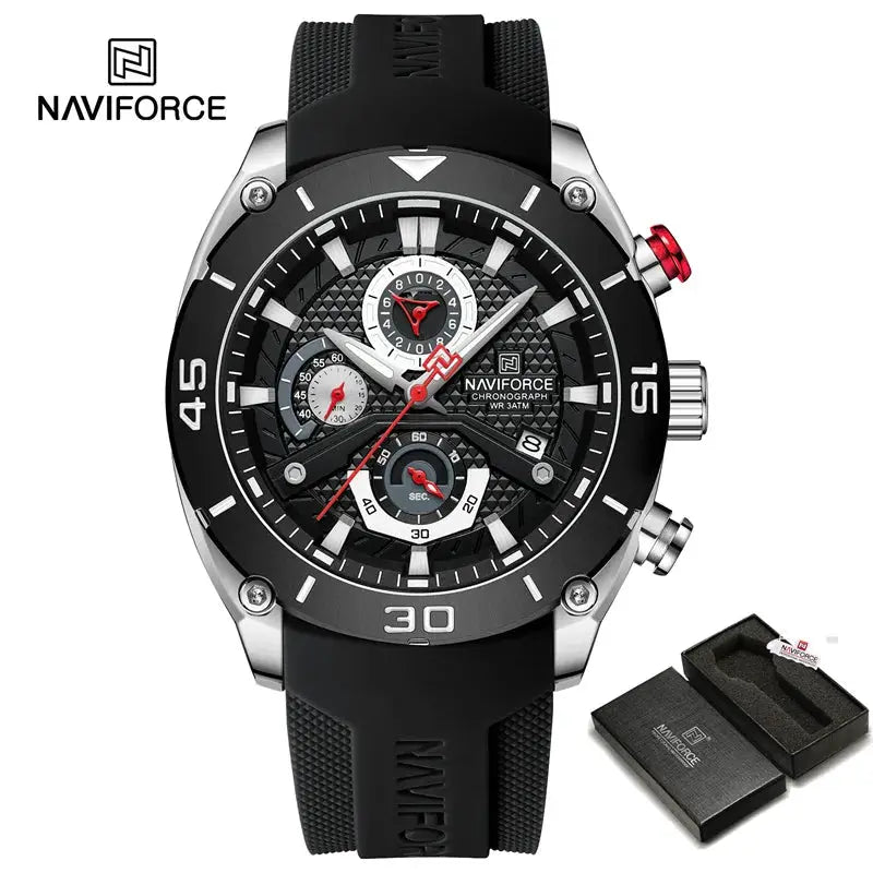 Naviforce men's sport waterproof quartz chronograph wristwatch, black dial with luminous markers and silicone strap