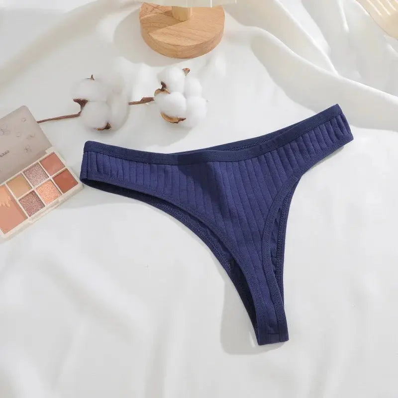 Women’s ribbed cotton G-string thong panties, navy blue, low-rise, Simples Market