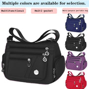 Simples Market nylon crossbody handbag with multiple pockets; available in black, blue, purple, red.