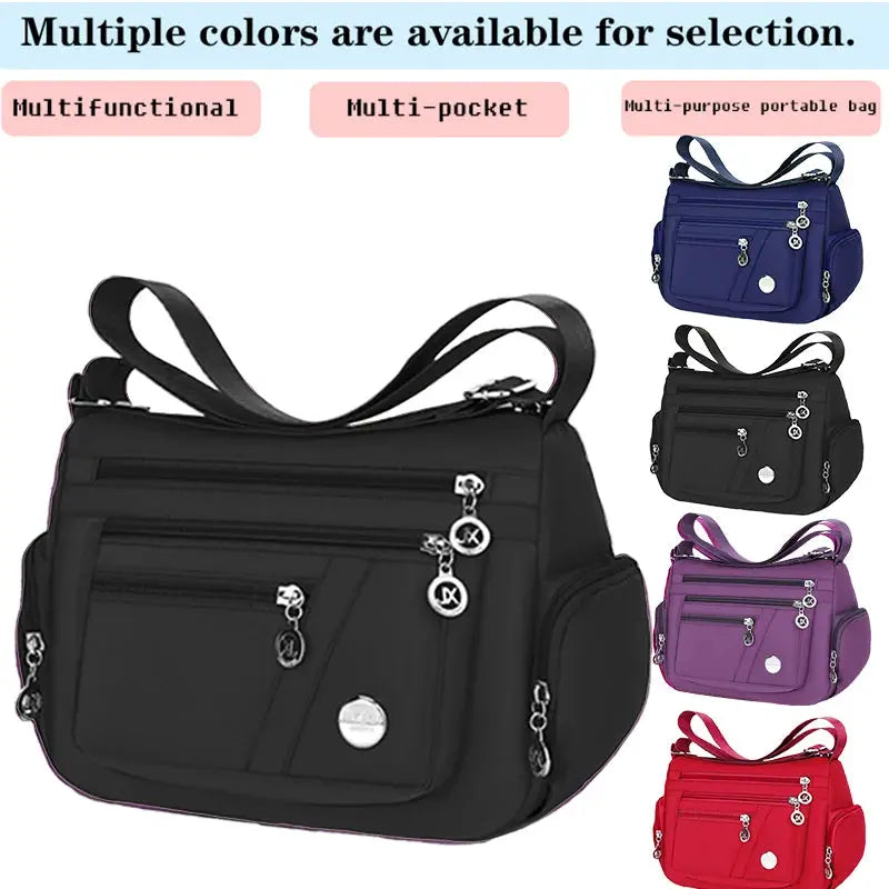 Simples Market nylon crossbody handbag with multiple pockets; available in black, blue, purple, red.