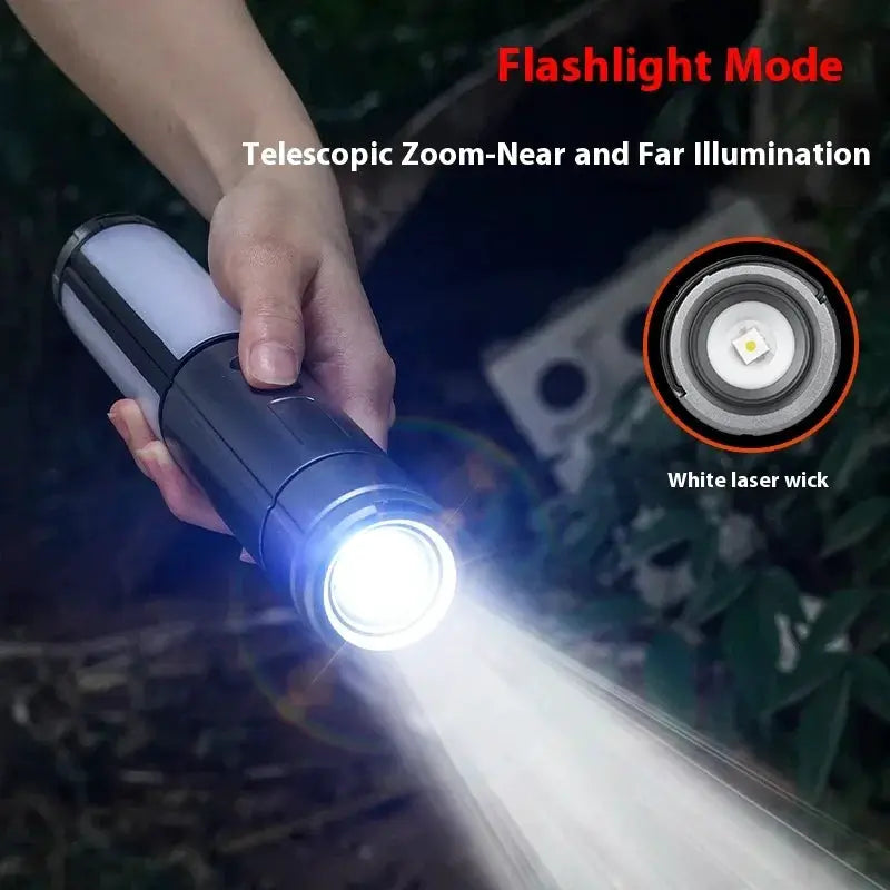 Rechargeable camping flashlight, black handheld with bright white LED beam
