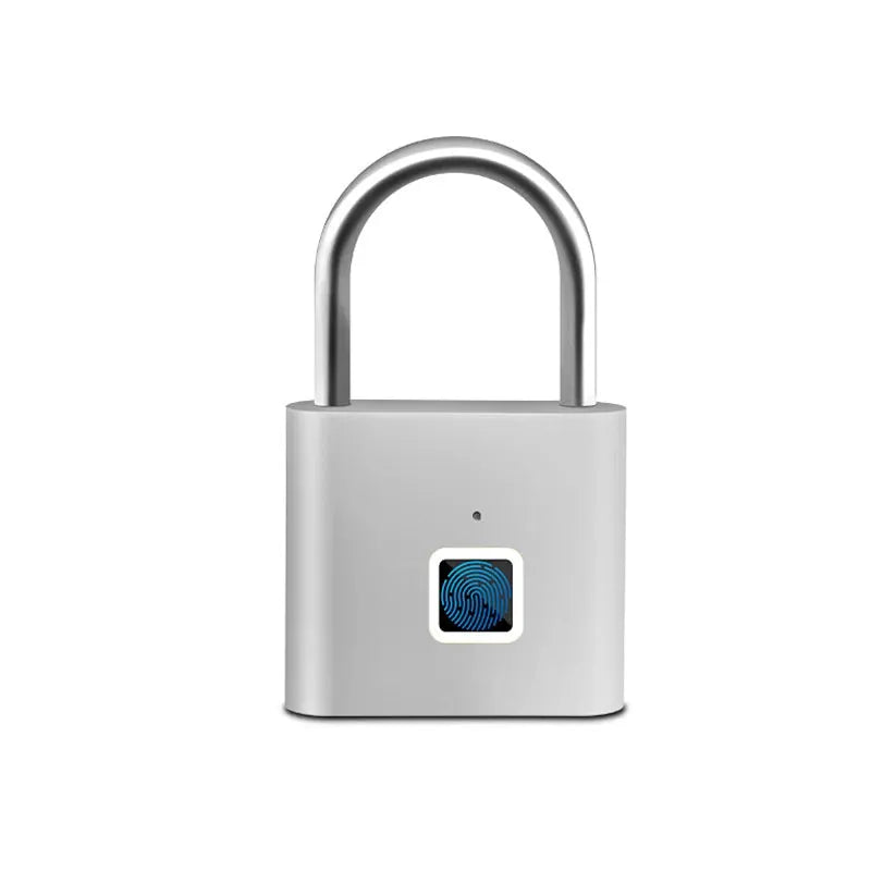 Keyless smart fingerprint padlock; silver body, chrome shackle, blue fingerprint scanner.