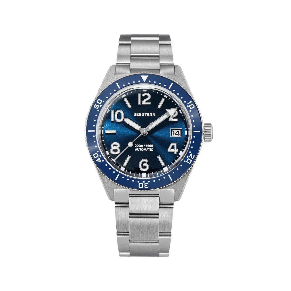 SEESTERN Diver men's automatic watch with blue dial, stainless steel bracelet, 200m water resistance, date window, luminous hands.