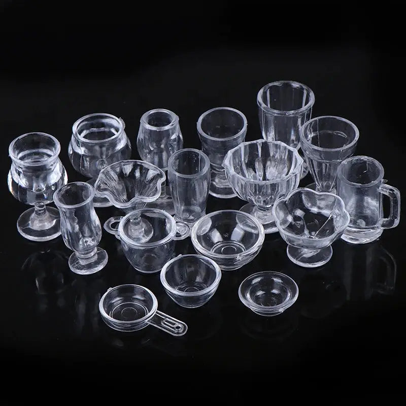 Seventeen Piece Transparent Dollhouse Kitchenware Set For DIY Pretend Play Miniature Cups Plates Dishes Bowls