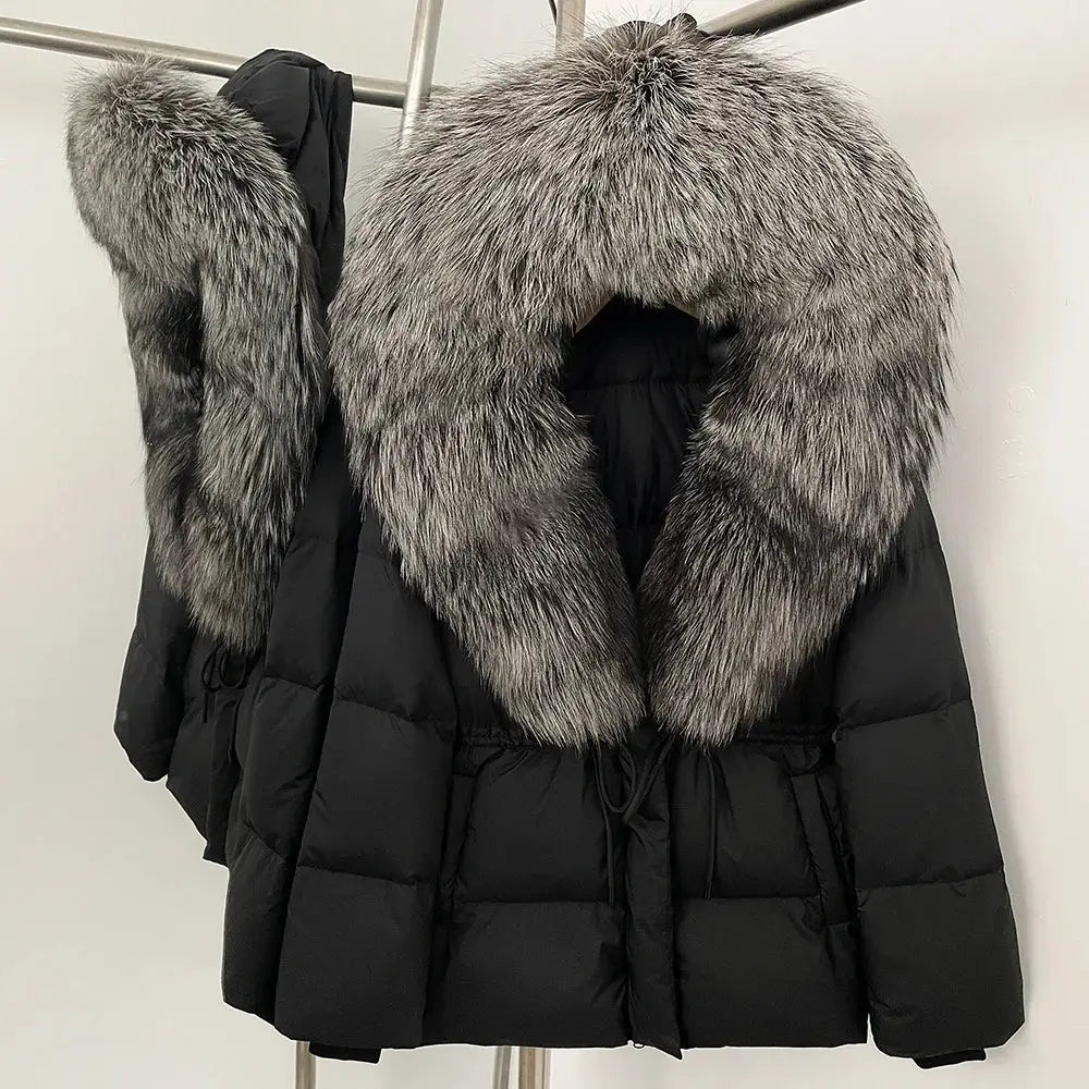Womens Real Fox Fur Collar Duck Down Coat With Raccoon Fur Trim Hooded Puffer Jacket